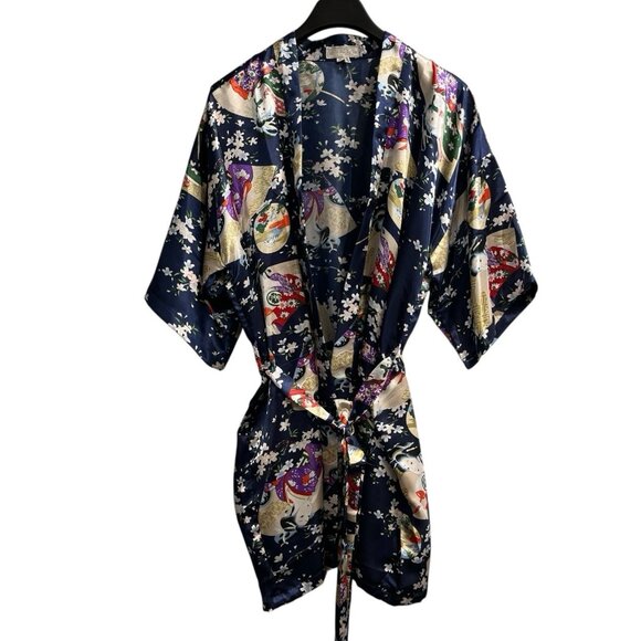 Oriental Silk Collection Robe Kimono Womens OS Blue Silk Asian Print Tie Waist - Picture 1 of 6